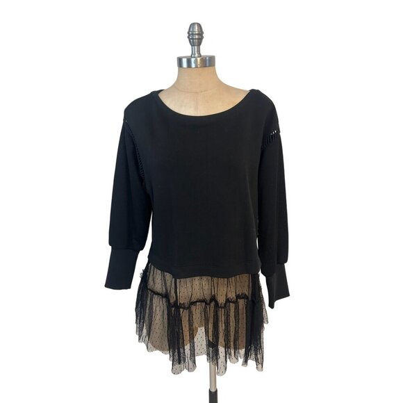 Free People Black Pullover With Sheer Ruffle Hem & Crochet Details Small Petite - Picture 6 of 10